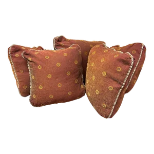 Set of 5 Down Filled Pillows Covered in Deep Red and Saffron Yellow Fabric and Pink, Green and Burgu