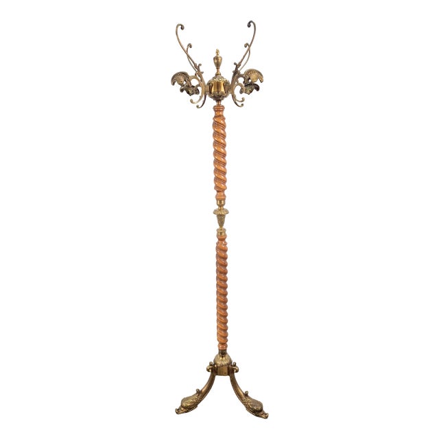 Regency Barley Twist Standing Coat Rack with Brass Lion Heads, France, 1950s For Sale