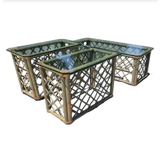 1970s Vintage Jumbo Rattan Glass Top Side Tables in Turquoise-Champaign Color For Sale - Image 5 of 6