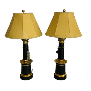 Pair of Hollywood Regency Style Table Lamps With Custom Shades, Ebony and Gilt