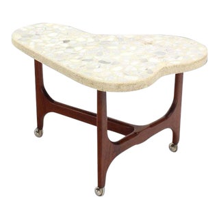 Vintage Mid Century Organic Shape Solid Oiled Walnut Base Travertine Top End Side Table For Sale