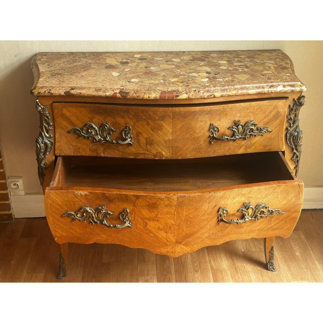 Wood Louis XV Style Marquetry Bombé Commode with Marble Top, 1800s For Sale - Image 7 of 18