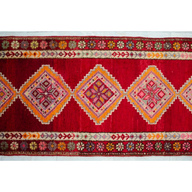 1960s Turkish Hand-Knotted Runner Rug Kitchen Hallway Decor Red & Pink 3x13 Ft Approx For Sale - Image 12 of 16