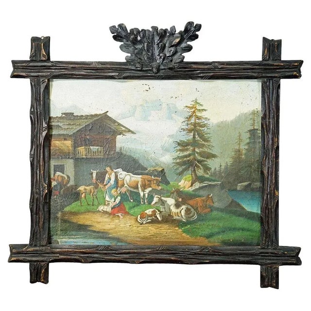 Folksy Scene with Cattles, Goats and Farmer's Wives, 1900s, Oil Painting For Sale - Image 9 of 9