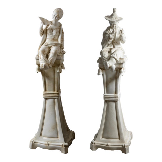 Italian Glazed Terracotta Chinoiserie Monumental Figures on Pedestals For Sale