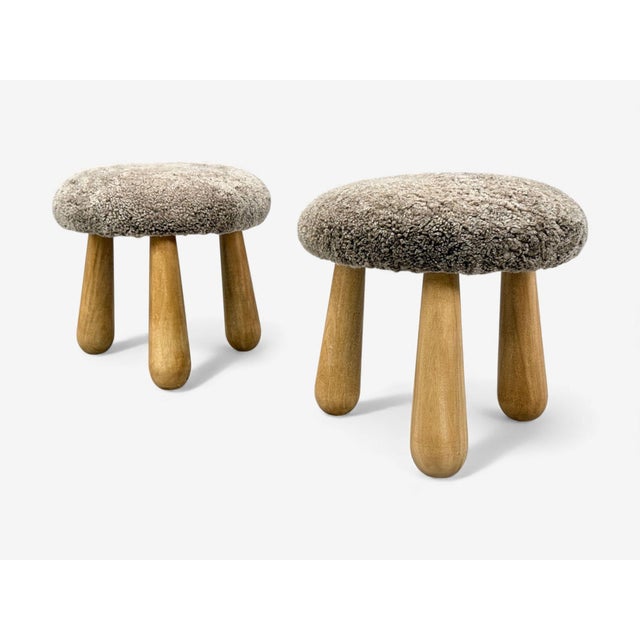 Mid-Century Modern Danish Modern Style, Gray Sheepskin, Maple, Shearling Footstools, 21st C. For Sale - Image 3 of 9