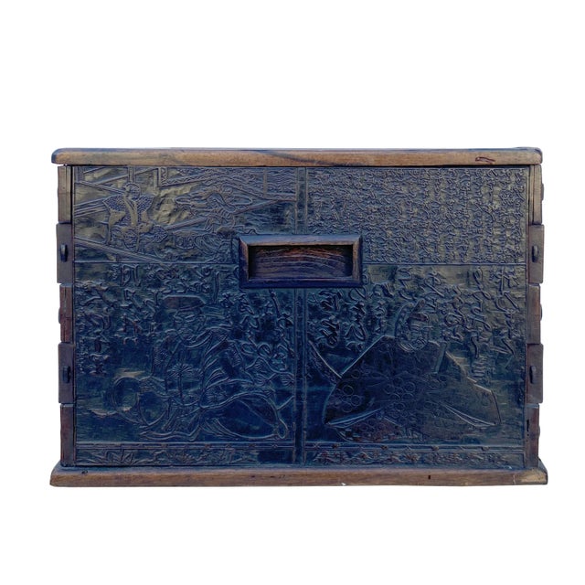Brown Vintage Chinese Dimensional Relief Motif Square Wood Metal Storage Box For Sale - Image 8 of 10