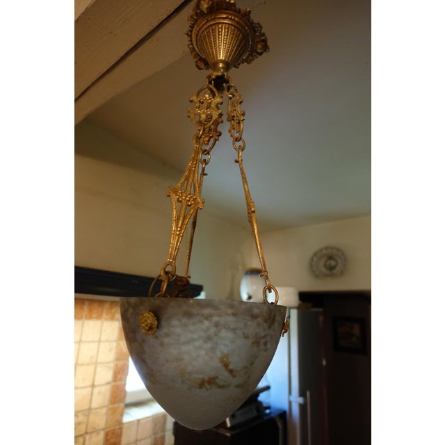 Superb bronze chandelier with a glass paste shell-shaped shade beautiful bronze work height 52 cm very good condition no...