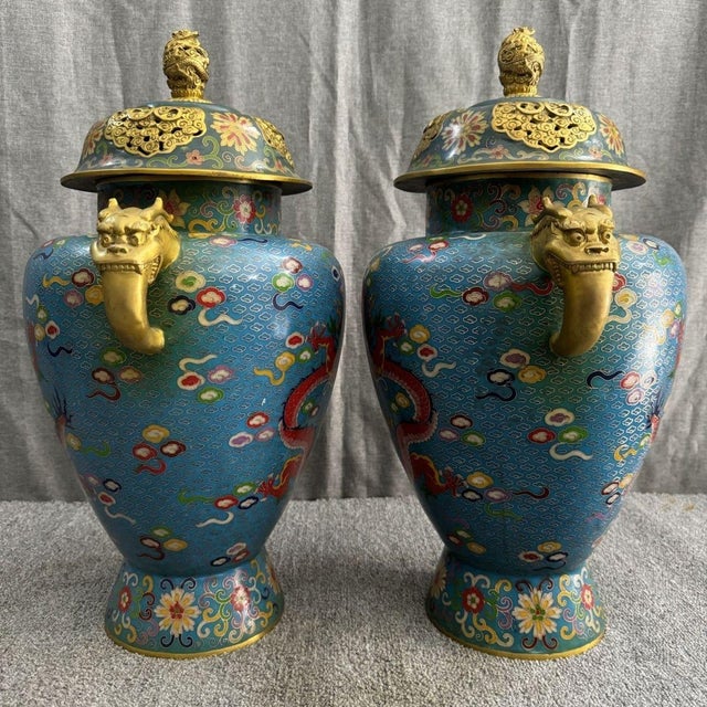 Chinese Exquisite Pair of Chinese Cloisonné Enamel Dragon General Jars With Beast Handles & Lids - 20" Tall For Sale - Image 3 of 8