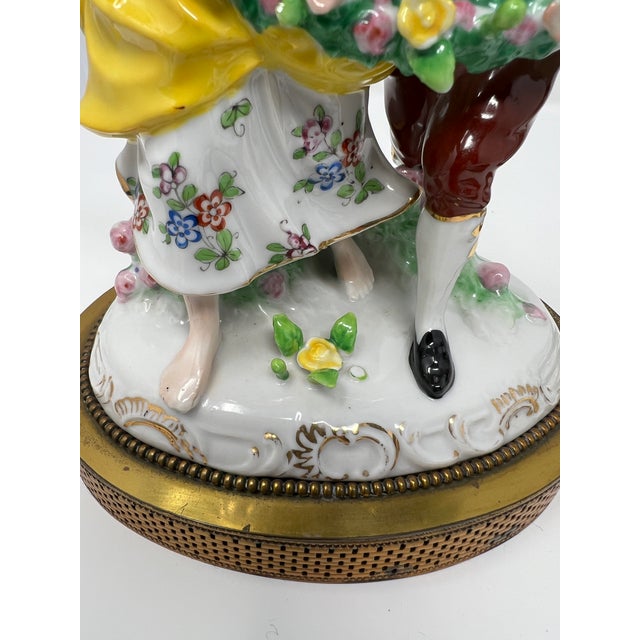 Pair of Dresden Style Porcelain Courting Couple Figurines on Pierced Metal Bases, Circa 1900 For Sale - Image 10 of 10