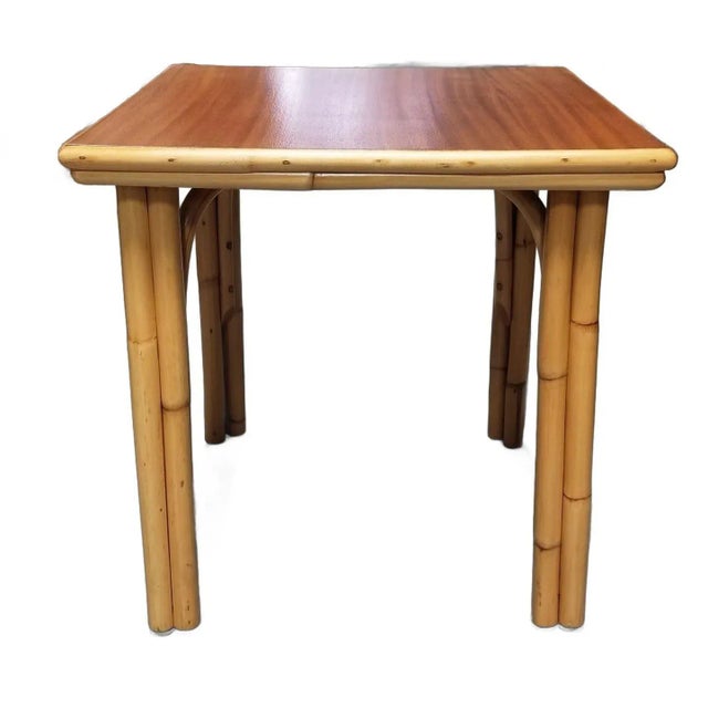 Mid-Century Modern Restored Rattan Three-Strand Arched Legs Side and Drink Table With a Solid Mahogany Top For Sale - Image 3 of 5