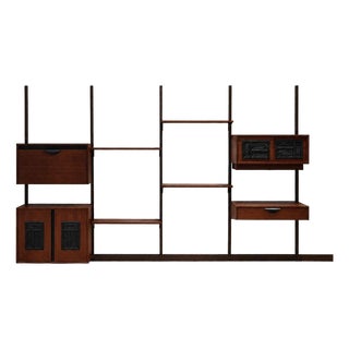 Vintage 1960s Mid Century Modern Walnut Wall Unit, Custom Modular Shelving Brutalist Iron Accents For Sale