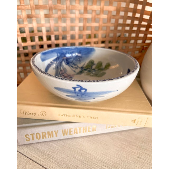 Late 19th Century Antique Blue & White Hand-Painted Porcelain Bowl With Fisherman Scene For Sale - Image 5 of 10