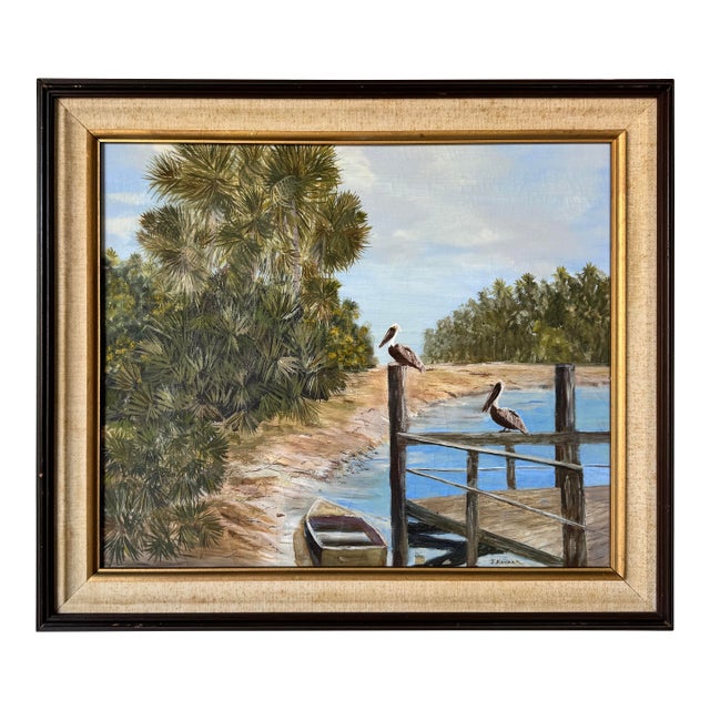 1970s Vintage Tropical Florida Landscape Oil Painting by J Kovach For Sale