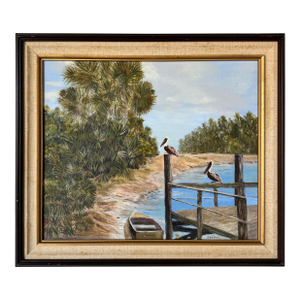 1970s Vintage Tropical Florida Landscape Oil Painting by J Kovach