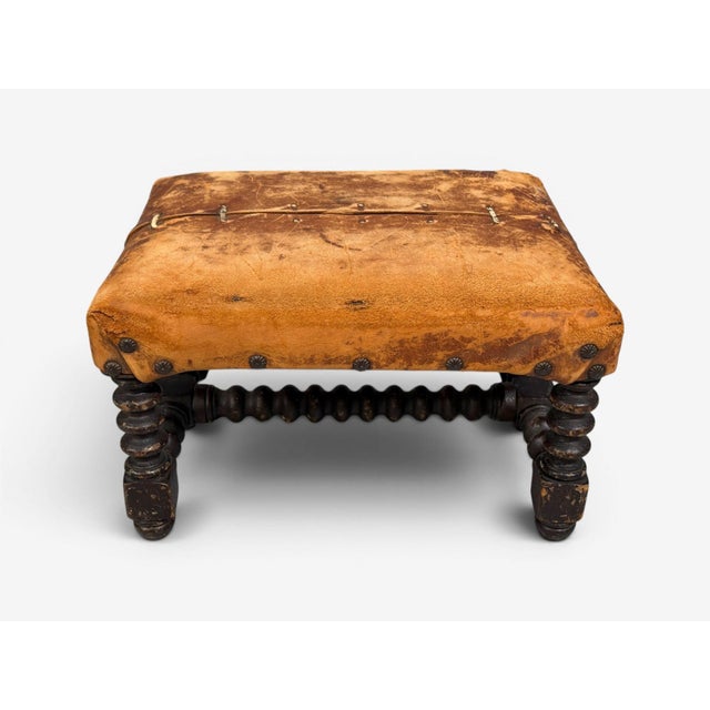 Baroque, Small Footstool, Leather, Turned Walnut, 19th C. For Sale - Image 9 of 12