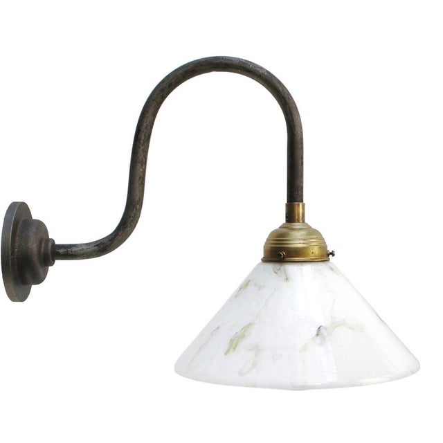 White Cast Iron Wall Sconce with White Marble Effect Glass Shade For Sale - Image 8 of 8