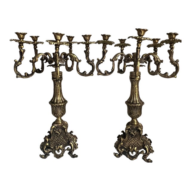 Pair of Antique Ornate French Rococo 5-Arm Brass Candelabras For Sale