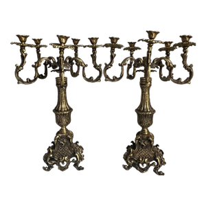 Pair of Antique Ornate French Rococo 5-Arm Brass Candelabras