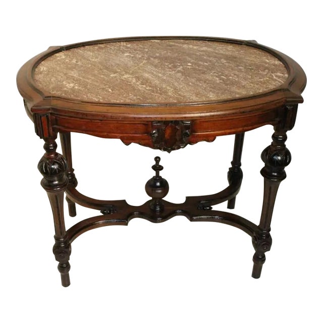 Victorian Walnut Carved Marble Top Parlor Center Table, 19th Century For Sale