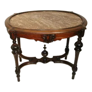 Victorian Walnut Carved Marble Top Parlor Center Table, 19th Century