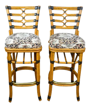 Mid Century Modern McGuire San Francisco Bamboo Rattan Stools - a Pair