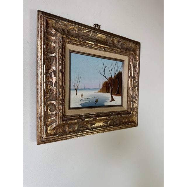 Charming vintage oil on canvas painting signed Jacobi, capturing a serene winter landscape with a quiet impressionist...