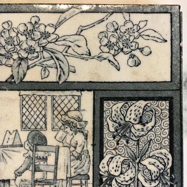 Minton 1881 Teal Aesthetic Movement Tile Tea Party & Flowers by Kate Greenaway For Sale - Image 4 of 8