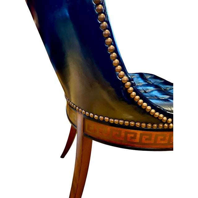Onyx Neoclassical-Style Tufted Leather Side Chair With Greek Key Trim For Sale - Image 8 of 10