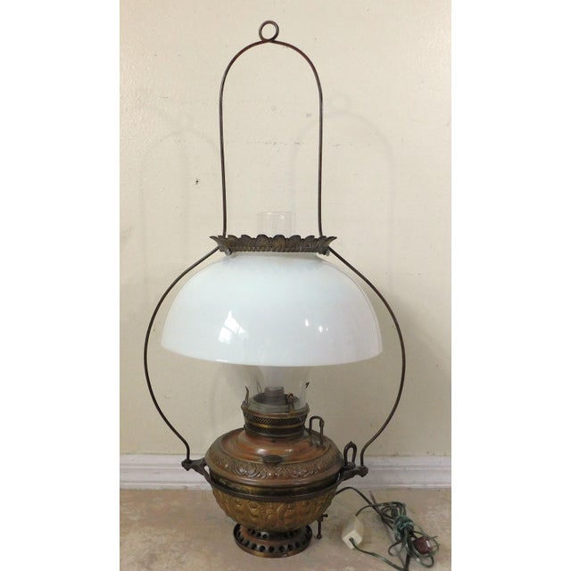 Antique C1887 Bradley & Hubbard Milk Glass Cast Iron Hanging Lantern Electrified Lamp For Sale - Image 15 of 15