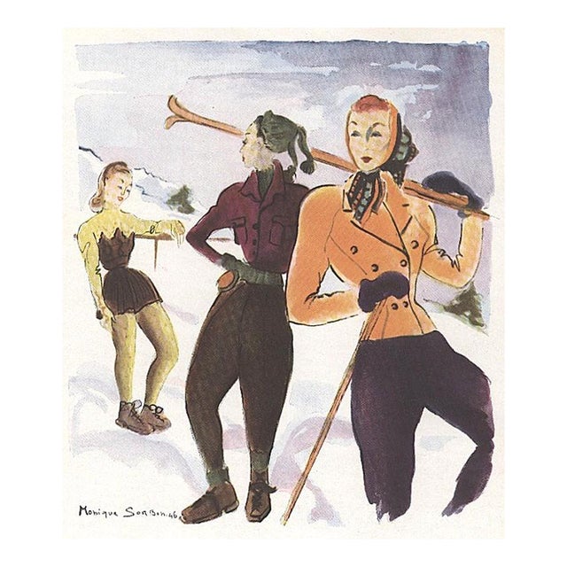 1946 Mid-Century French Fashion Print for Those Who Ski, Matted For Sale