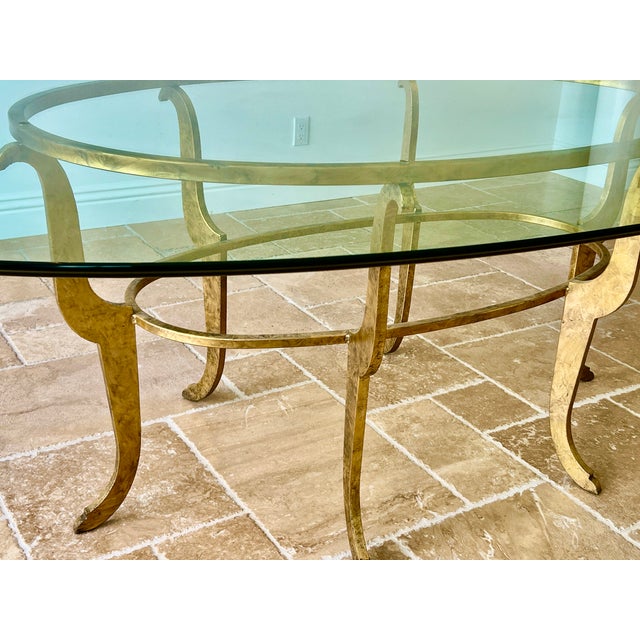 Contemporary 1980s Italian Glass 1/2" Oval Tabel With Gorgeous Gold Patina Metal Base. - Entertainers Dream Table For Sale - Image 3 of 10
