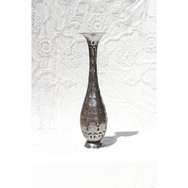 1970s Tall Etched Silver-Tone Vase From India For Sale - Image 6 of 9