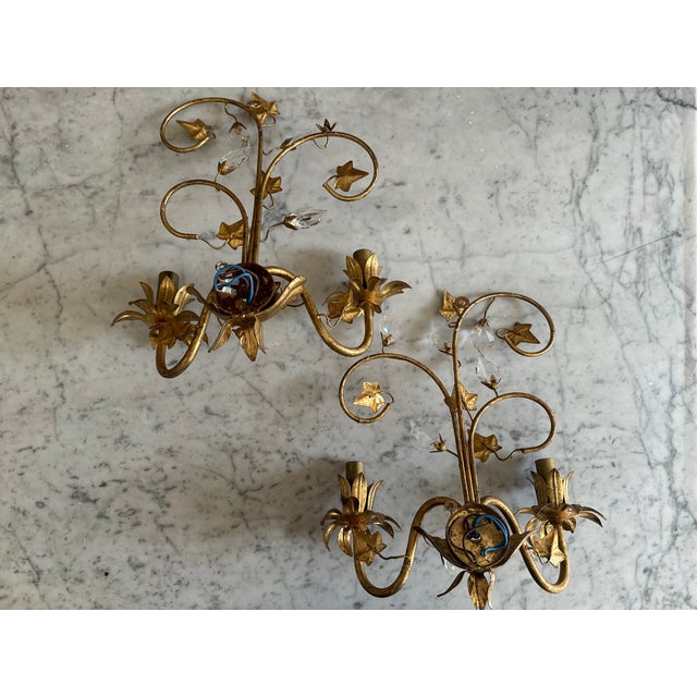 Mid-Century Modern Florentine Gilt Wall Sconces with Glass Ivy Leaves, 1970s, Set of 2 For Sale - Image 3 of 16