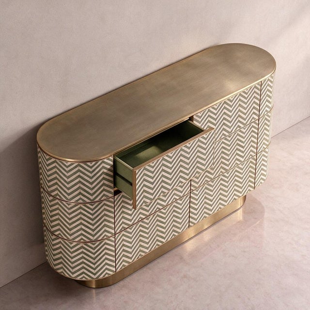 Veyra Chevron Inlay Six-Drawer Dresser - Olive Green by House of Jaipur For Sale - Image 4 of 7