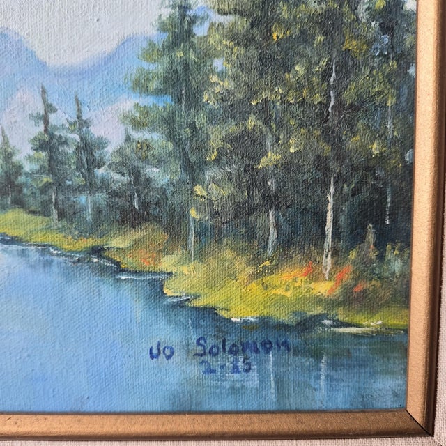 American VTG 85' Mountain Lake Landscape Painting on Canvas Signed Original 12x16" Framed For Sale - Image 3 of 16