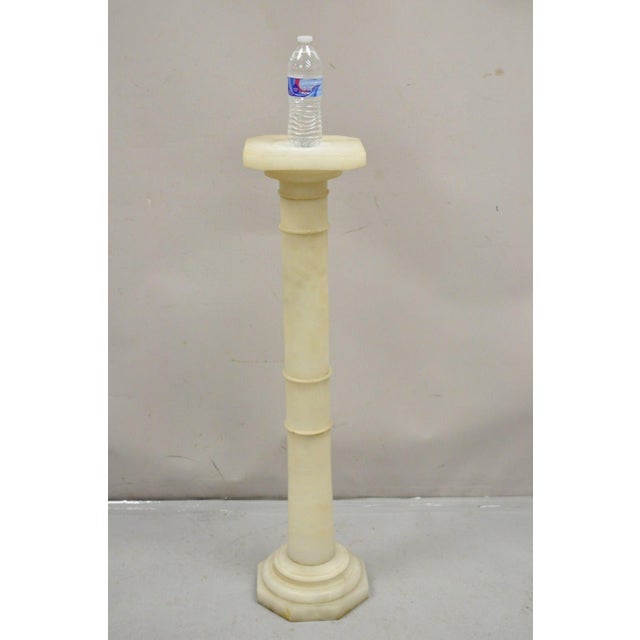 Antique Alabaster Marble Empire Style Carved Column Pedestal Plant Stand. Item features a revolving top, nice slender...