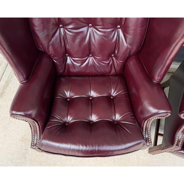 Maroon Pair of Vintage Maroon Leather Wingback Chairs by Classic Leather For Sale - Image 8 of 17