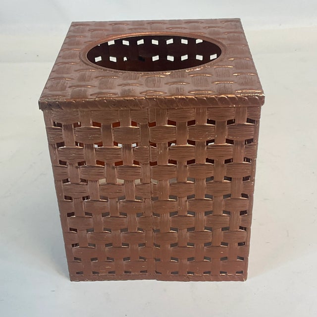 Mid-Century Hollywood Regency Faux Woven Basket Metal Tissue Box Cover For Sale - Image 6 of 9