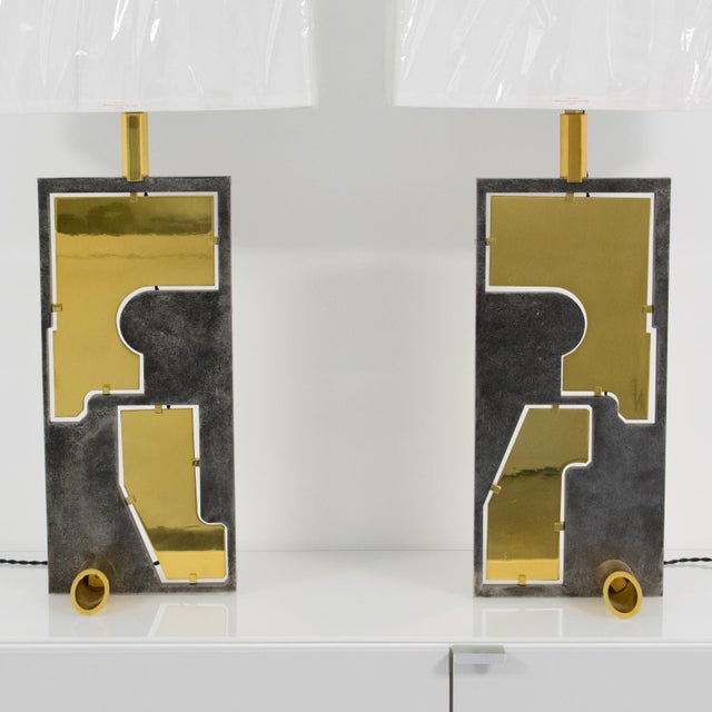 1980s Pair of Industrial Brutalist Brass and Steel Table Lamp, Circa 1980 For Sale - Image 5 of 12