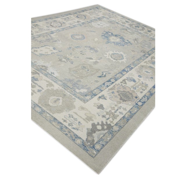 Early 21st Century Early 21st Century Green & Blue Floral Design Handwoven Wool Turkish Oushak Rug 9' X 12'3" For Sale - Image 5 of 8