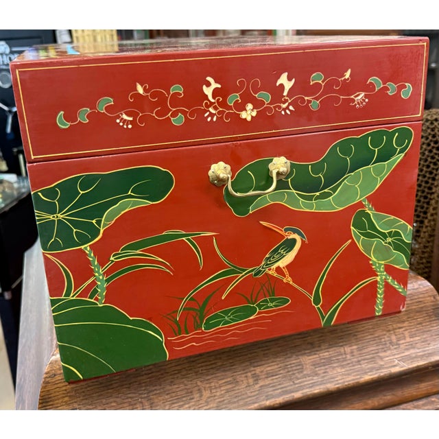 1970s Asian Red Lacquer Trunk Hand Painted Lilly Pad Motif For Sale - Image 5 of 9
