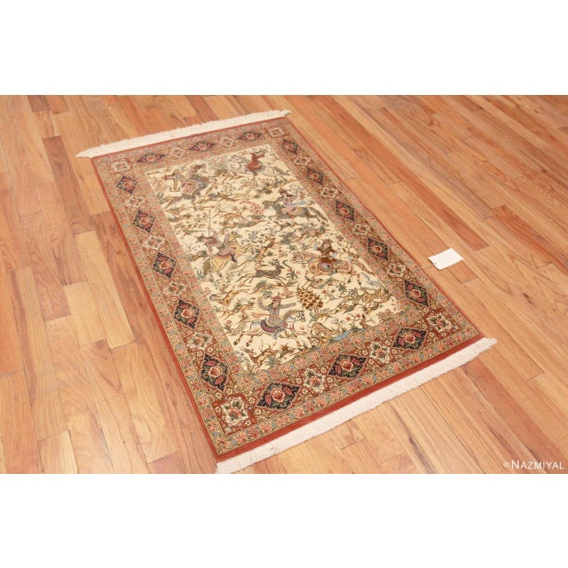 Beautiful Small Artistic Pictorial Hunting Scene Design Luxurious Vintage Persian Silk Qum Rug, country of origin: Persian...
