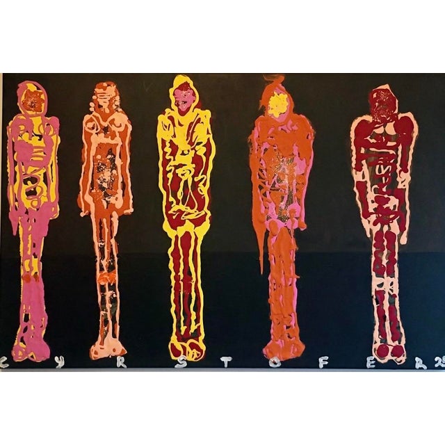 Christopher Shoemaker Colorful Abstract Painting of 6 Standing Figures by Christopher Shoemaker 24” X 36”, Signed For Sale - Image 4 of 9