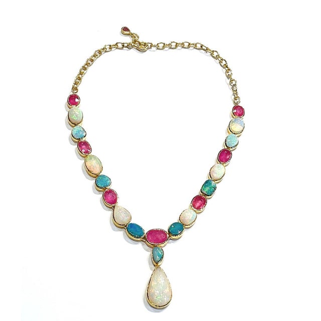 Baroque Bochic "Capri" Red Ruby & Fire Opal Necklace Set In 18K Gold & Silver For Sale - Image 3 of 11