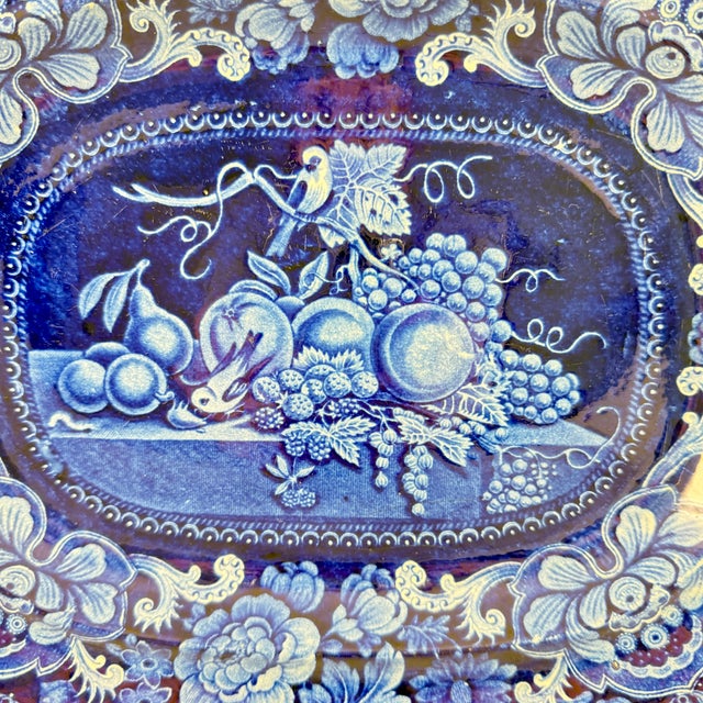 Staffordshire Potteries Stubbs & Kent Georgian Cobalt Transferware ‘ Birds and Fruits’ Platter, Circa 1830 For Sale - Image 4 of 13