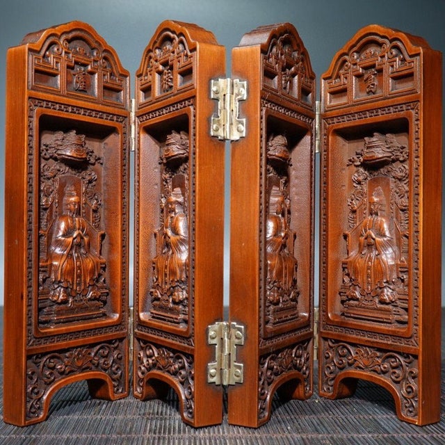 Vintage Carved Boxwood Four-Panel Miniature Folding Screen - Deities & Calligraphy For Sale - Image 9 of 9