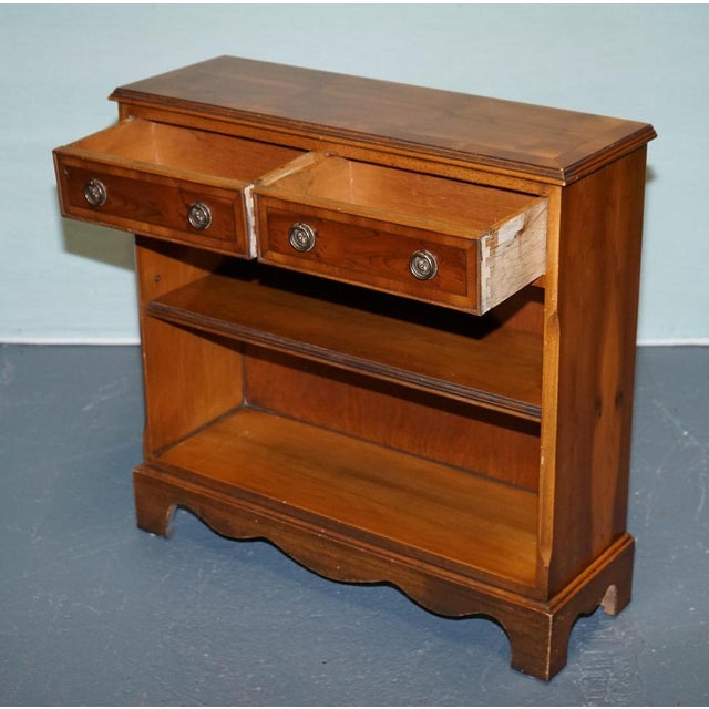 Vintage Yew Wood Low Dwarf Bookcase with Two Storage Drawers For Sale - Image 3 of 13