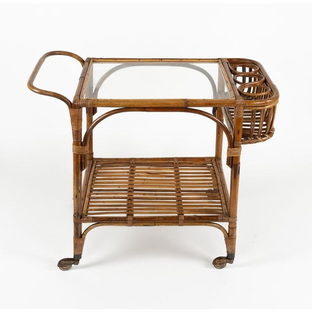 Mid-Century Bamboo, Rattan and Glass Serving Bar Cart in the style of Franco Albini, Italy, 1960s For Sale - Image 12 of 18
