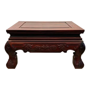 Reddish Brown Oriental Flower Carving Rectangular Display Low Table Stand